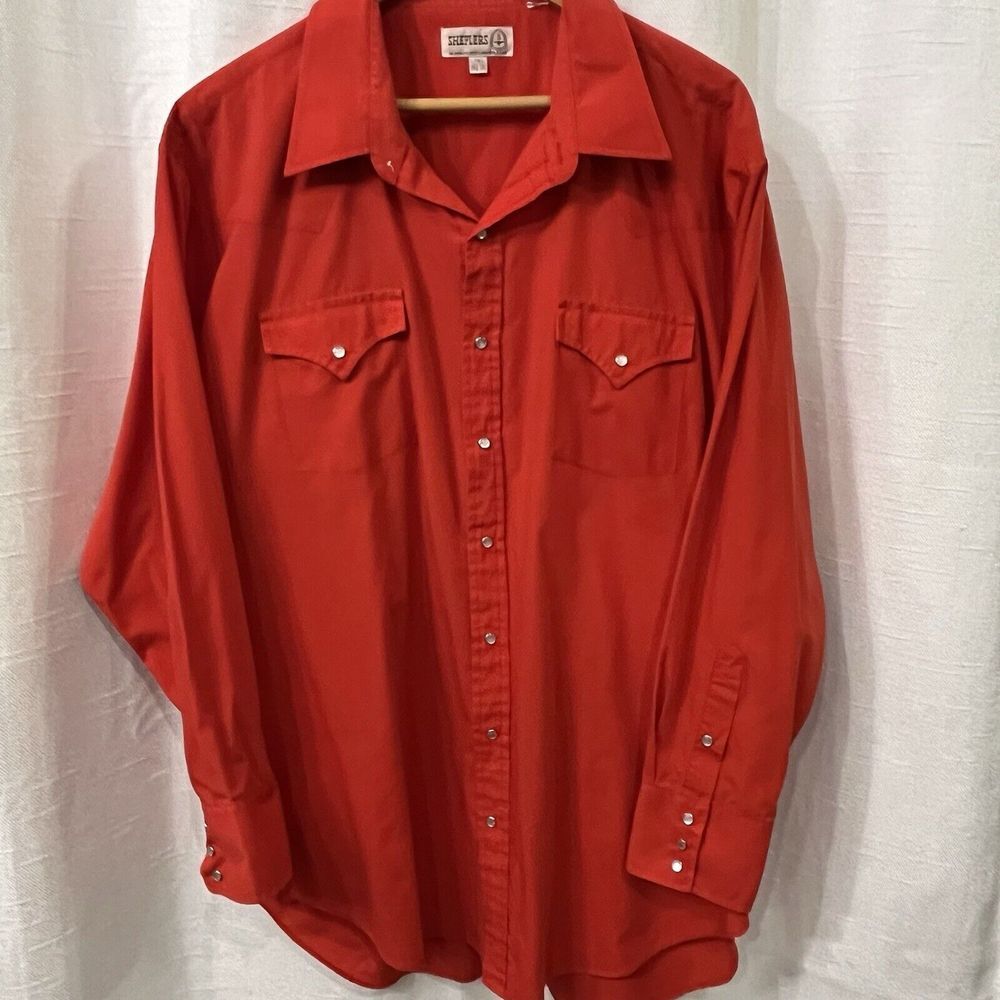 VTG Sheplers Red Western Pearl Snap Shirt Mens 18.5 35 Tall Ranch Cowboy
